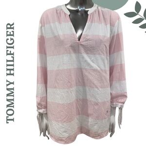 🛍️3/$40 Cotton Stripe Top by Tommy Hilfiger - Pink White Blouse Plus Size XXL